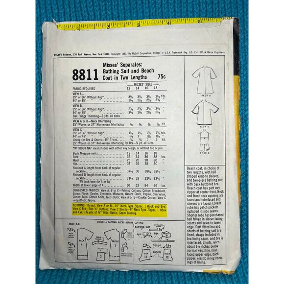McCalls 8811 Sewing pattern bikini swimming suit beach coverup 1960s size 12 - Picture 3 of 7